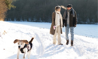 couple dressed in winter clothing walking their small dog along a snow covered path