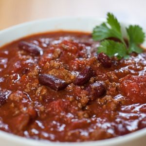 close up photo of large white bowl of Texas Chili