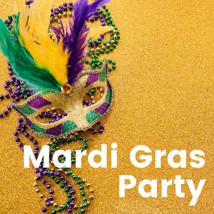 Gold glitter background, mardi gras feather mask, text reads - Mardi Gras Party